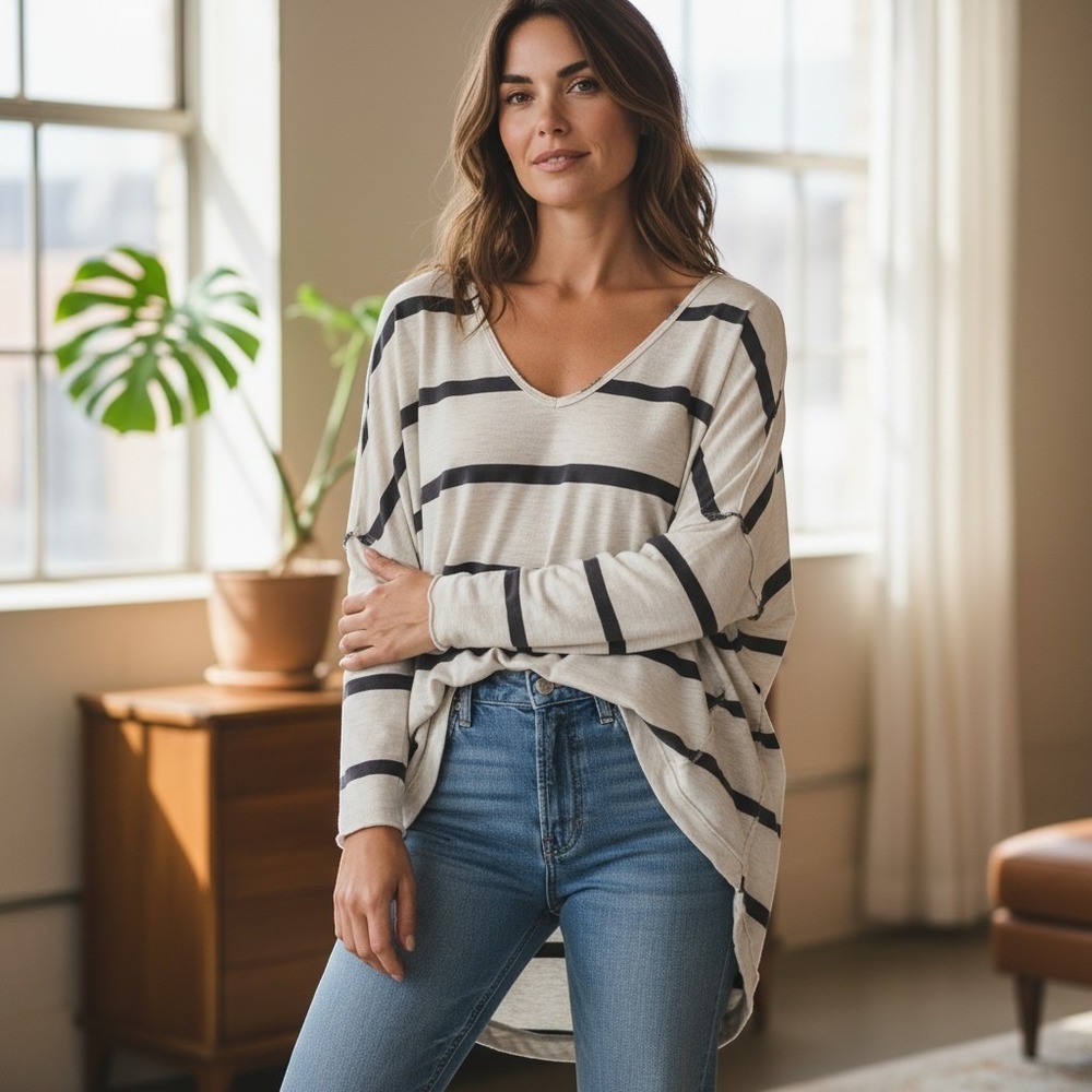 Free People We The Free Slouchy Long Sleeve Top White Black Stripe Distressed M
